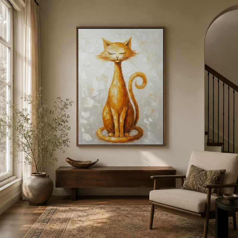 Golden cat zen smile canvas displayed in warm neutral entryway above dark wood console