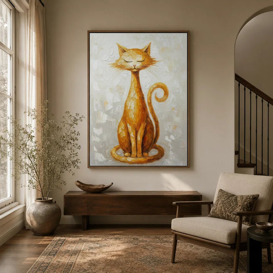 Golden cat zen smile canvas displayed in warm neutral entryway above dark wood console