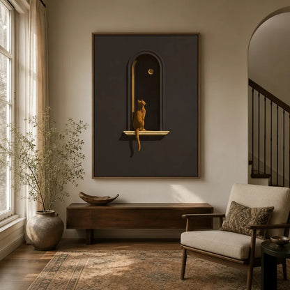Dark romantic golden cat canvas wall art displayed in a warm neutral entryway above a wooden console