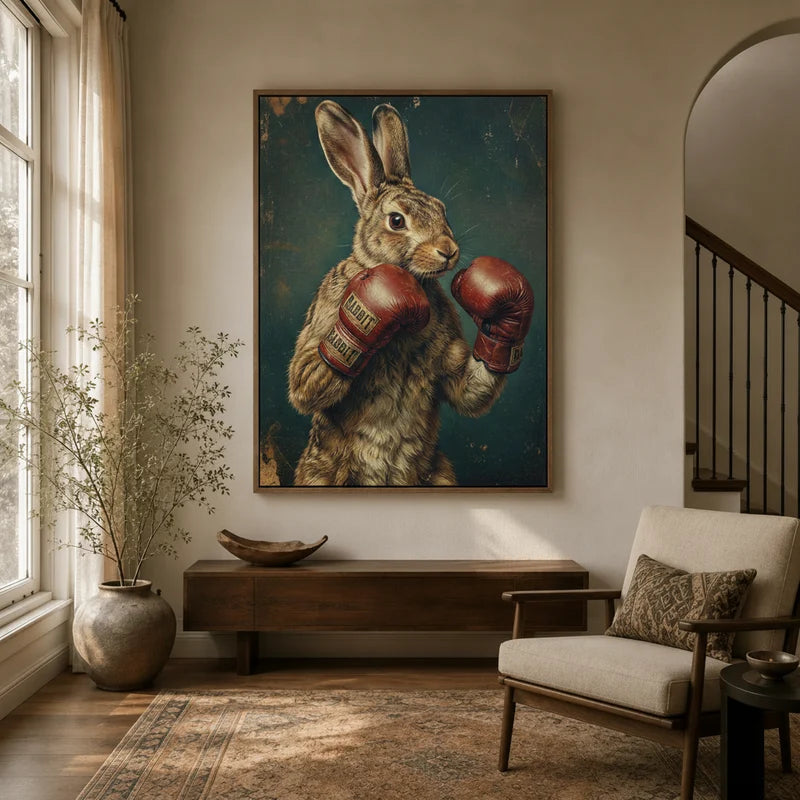 Boxing rabbit canvas wall art in framed style displayed in a warm neutral entryway above a wooden console