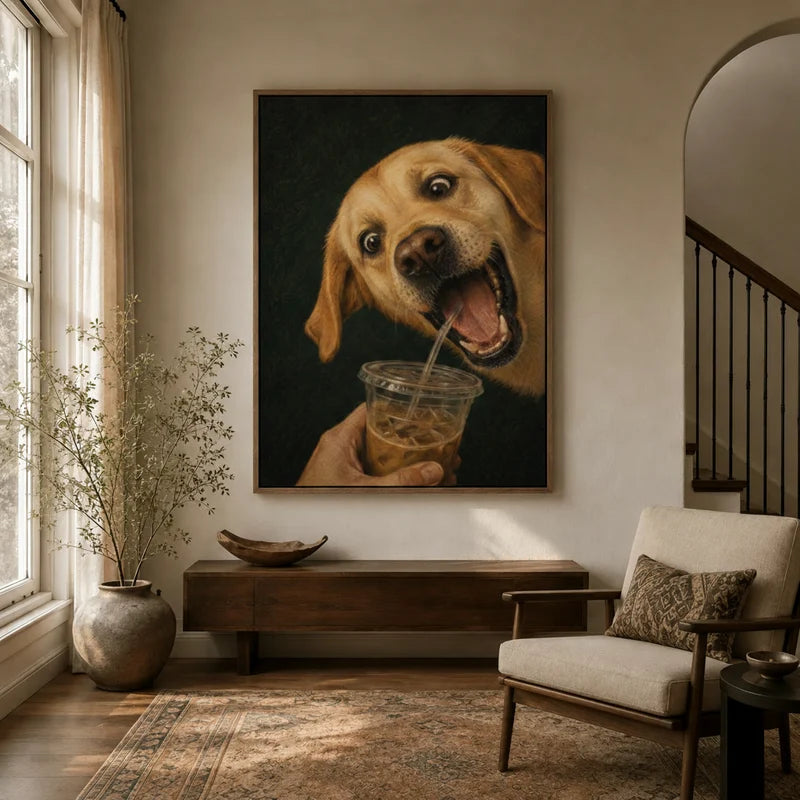 Funny dog canvas wall art displayed above a console table in a warm neutral entryway