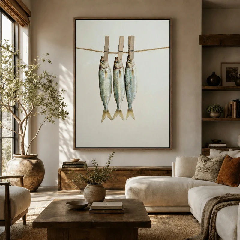 Large whimsical fish clothesline canvas wall art above sofa in bright boho living room with open shelving