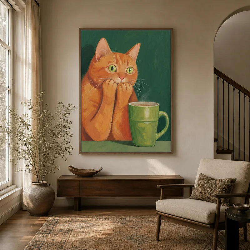 Orange tabby cat canvas wall art displayed in a warm neutral entryway above a wooden console