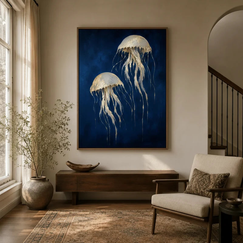 Framed jellyfish canvas wall art hanging in a warm neutral entryway with wood console and armchair