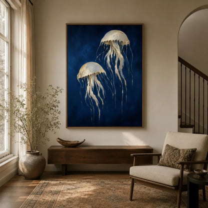 Framed jellyfish canvas wall art hanging in a warm neutral entryway with wood console and armchair