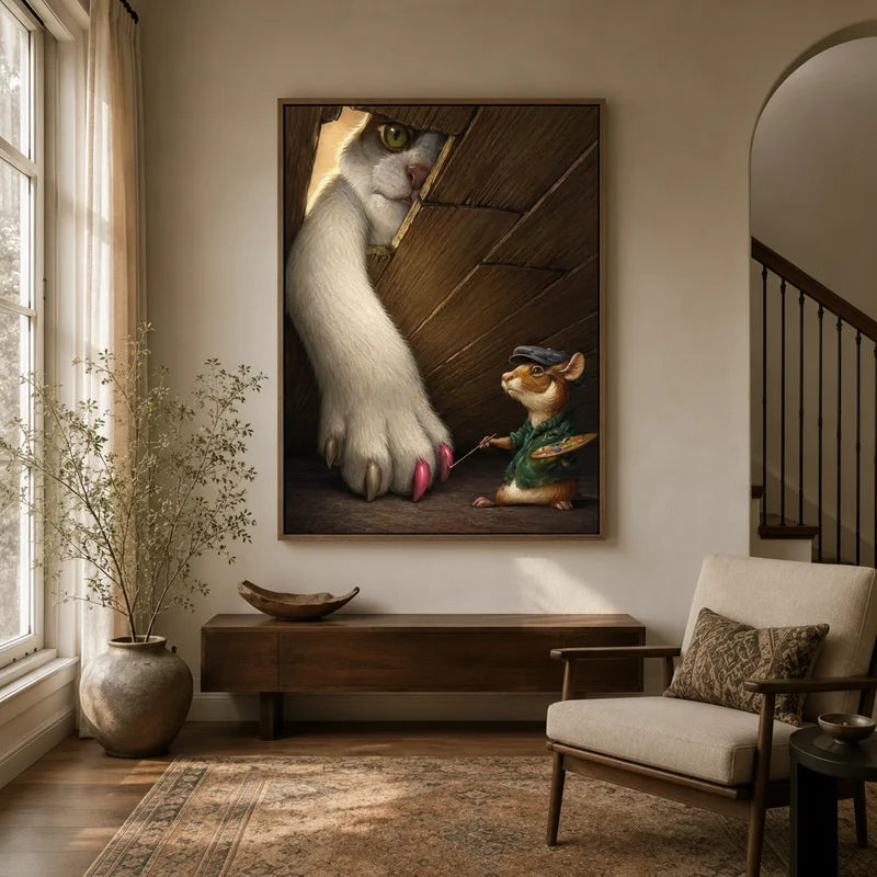 Dark academia cat paw mouse artist canvas in floater frame displayed in warm neutral entryway with wood console