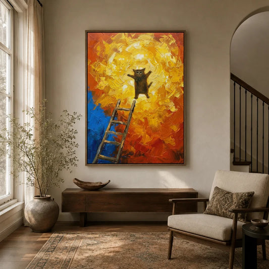 Bold cat canvas wall art displayed above a console table in a bright modern entryway