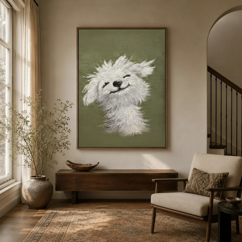 Happy white fluffy dog sage green canvas art in walnut float frame displayed in a warm neutral entryway with wood console and arched staircase