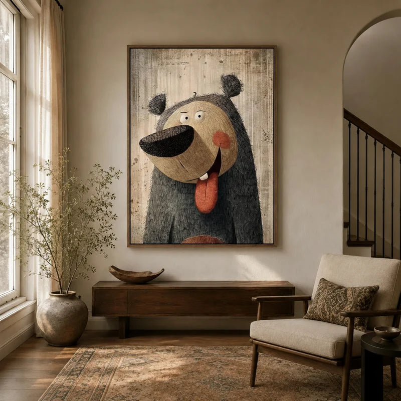 Framed whimsical bear canvas wall art displayed in a warm neutral entryway beside a staircase