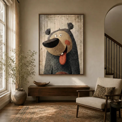 Framed whimsical bear canvas wall art displayed in a warm neutral entryway beside a staircase