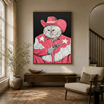 Pink cowgirl cat pop art canvas in floater frame displayed in warm neutral entryway with wood console and armchair
