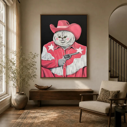 Pink cowgirl cat pop art canvas in floater frame displayed in warm neutral entryway with wood console and armchair