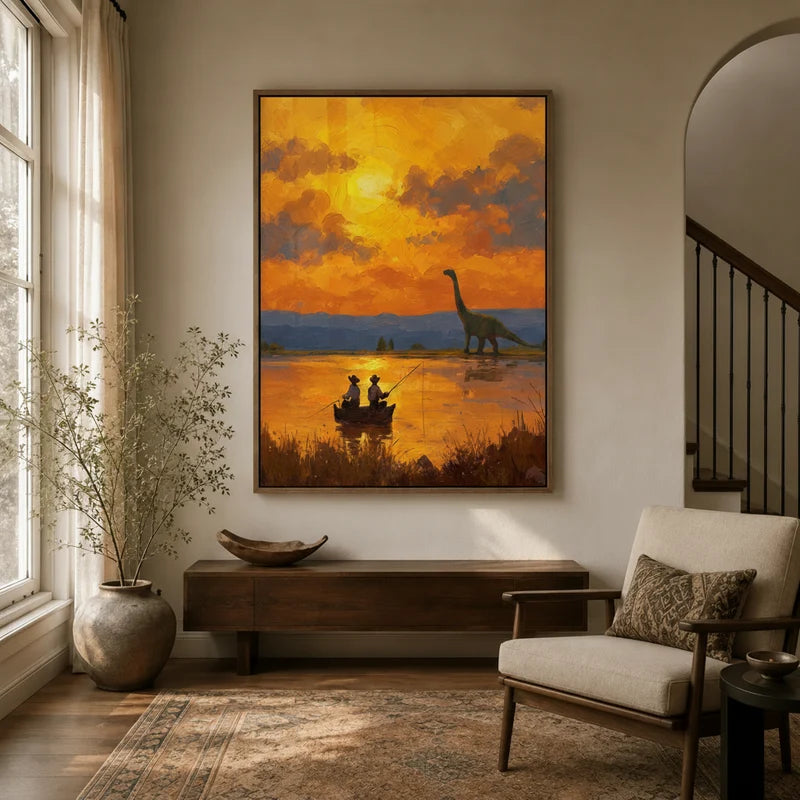 Framed dinosaur sunset wall art above entryway console in a warm neutral hallway with armchair
