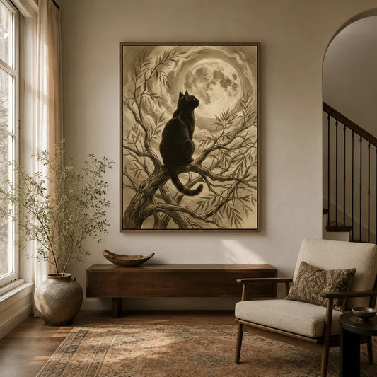 Black cat moon sepia canvas displayed in warm neutral entryway above dark wood console