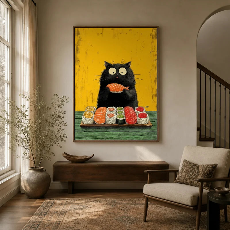 Framed black cat sushi canvas wall art hanging in a warm neutral entryway above a wood console