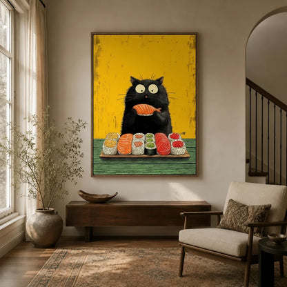 Framed black cat sushi canvas wall art hanging in a warm neutral entryway above a wood console