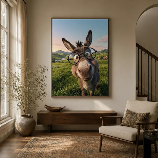 Funny donkey with glasses canvas in floater frame displayed in warm neutral entryway with wood console and armchair