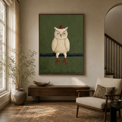 Framed whimsical owl canvas wall art hung in a warm neutral entryway beside a staircase
