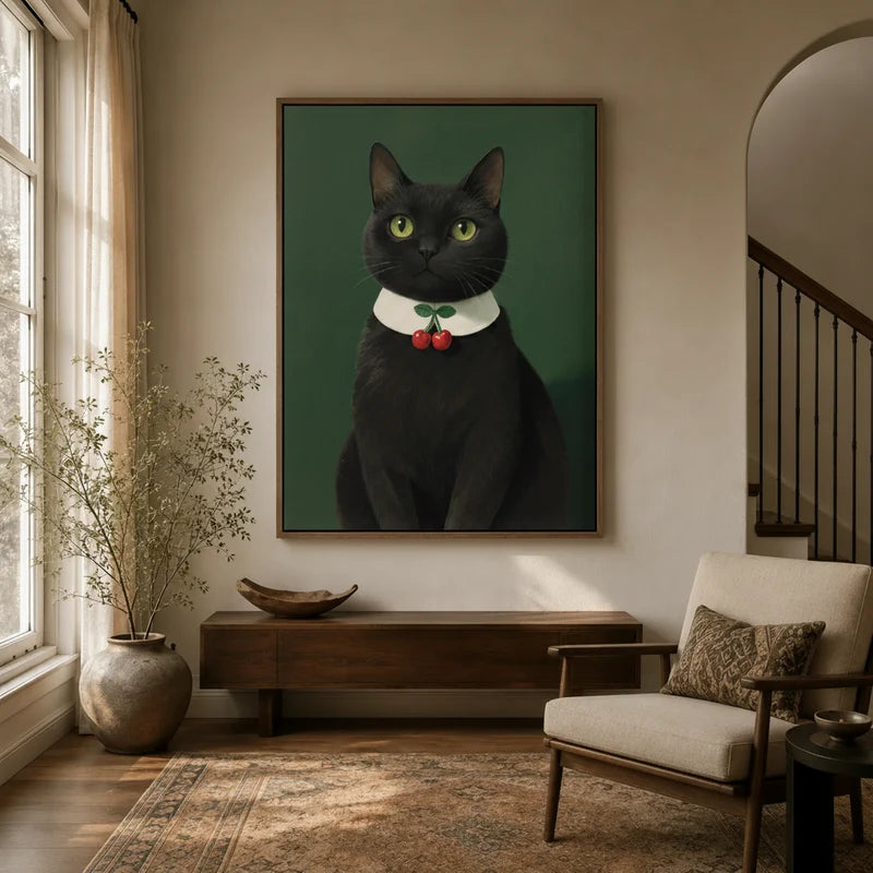 Black cat cherry collar portrait canvas in walnut float frame displayed in a warm neutral entryway with wood console and arched staircase