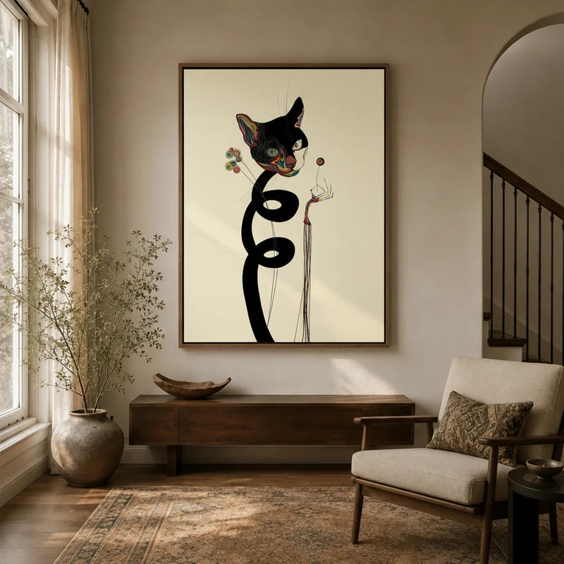 Framed abstract black cat surrealist canvas wall art displayed in a warm neutral entryway with wood console