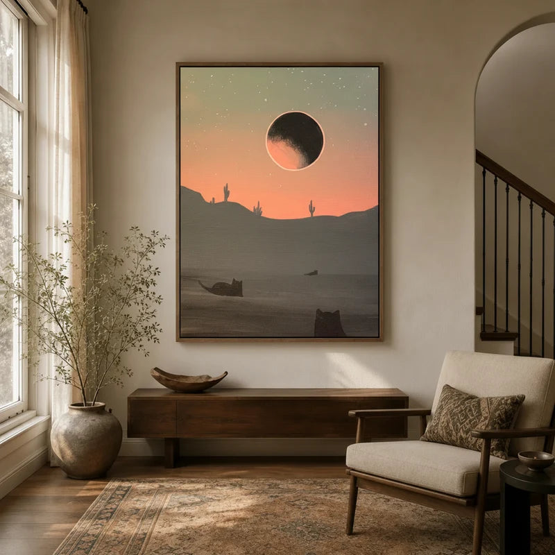 Framed Kaaba canvas wall art displayed in a warm neutral entryway with wooden console