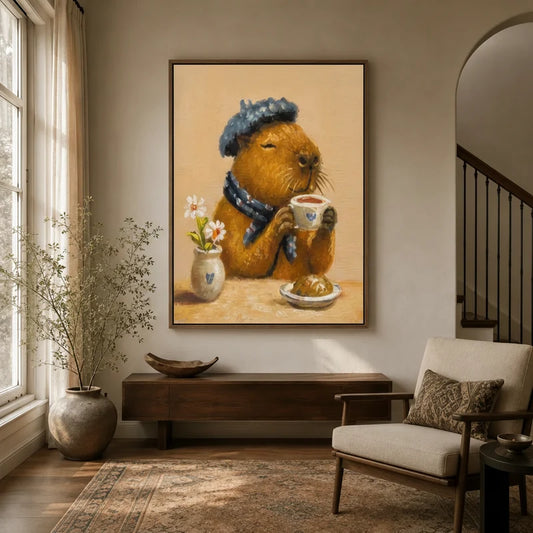 Whimsical capybara afternoon tea wall art in floater frame displayed in warm neutral entryway with arched staircase