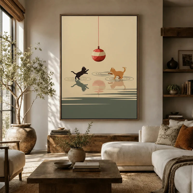 Large minimalist two cats playing canvas wall art above sofa in warm boho living room with shelving