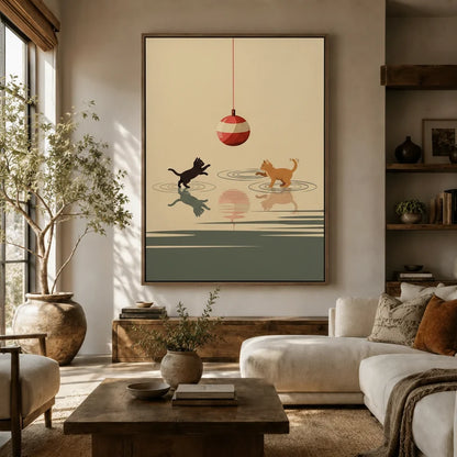 Large minimalist two cats playing canvas wall art above sofa in warm boho living room with shelving