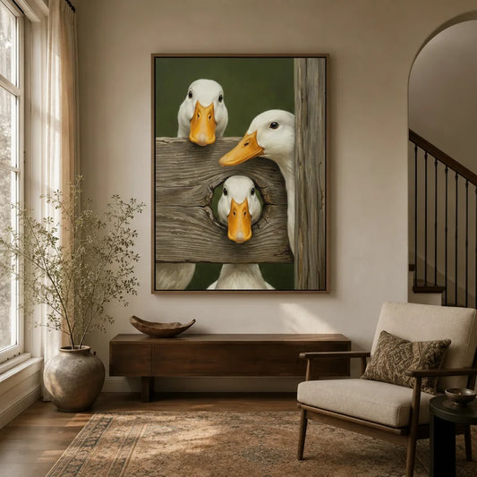 Three white ducks peeking over wooden fence canvas displayed in warm neutral entryway