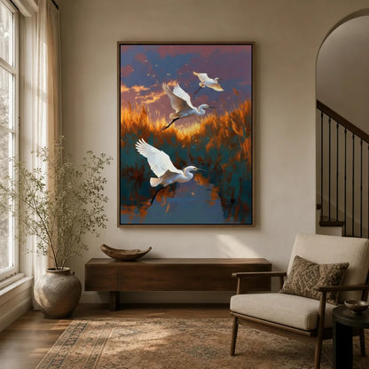 White egret in flight canvas wall art displayed in a warm neutral entryway above a wooden console