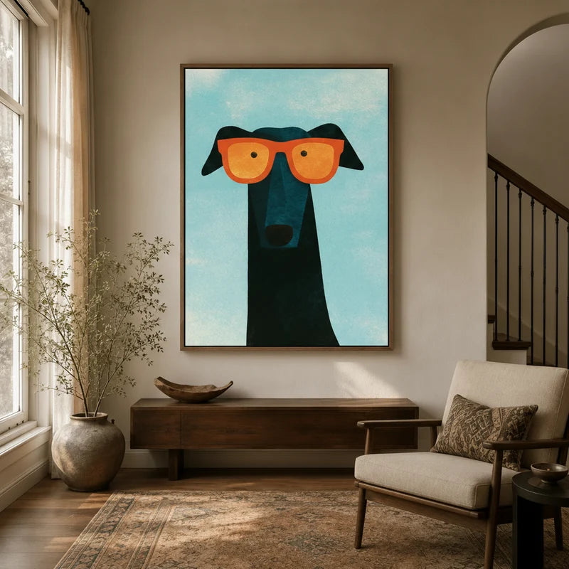Greyhound dog canvas wall art in framed style displayed in a warm neutral entryway above a wooden console