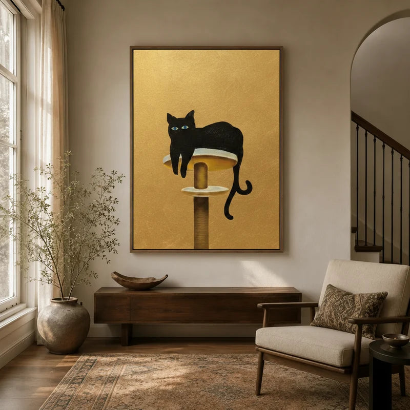 Framed minimalist black cat canvas wall art hung large in a warm neutral entryway with staircase