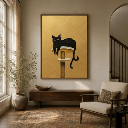 Framed minimalist black cat canvas wall art hung large in a warm neutral entryway with staircase