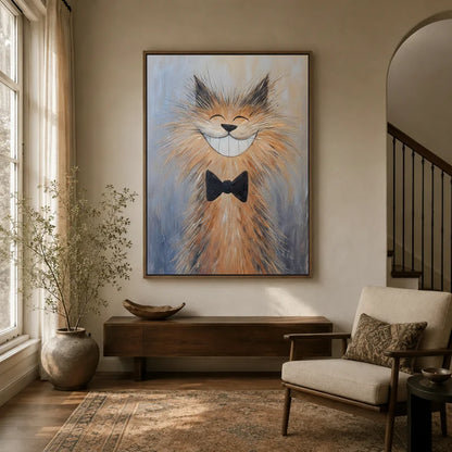 Smiling cat canvas wall art in framed style displayed in a warm neutral entryway above a wooden console