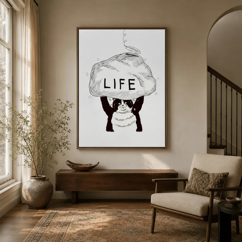 Funny cat canvas wall art in warm entryway with dark wood console and floater frame