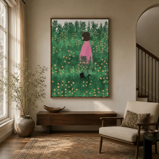 Girl in pink sweater and black cat wildflower canvas in walnut frame, warm neutral entryway with staircase