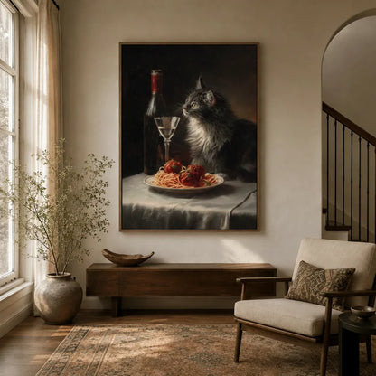 Dark academia cat canvas wall art in floater frame displayed in warm neutral entryway with wood console
