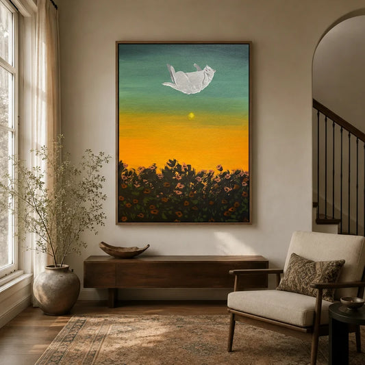 Floating cat canvas wall art in framed style displayed in a warm neutral entryway above a wooden console