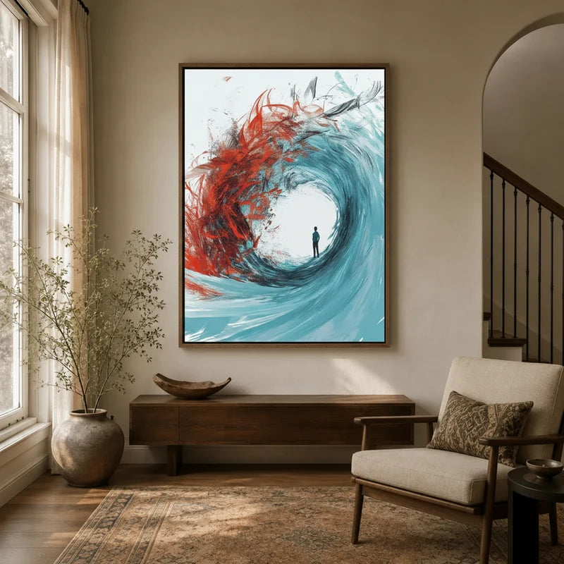 Abstract wave figure canvas in floater frame displayed in warm neutral entryway with wood console and armchair