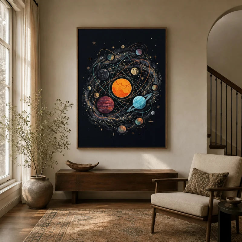 Solar system canvas wall art in framed style displayed in a warm neutral entryway above a wooden console