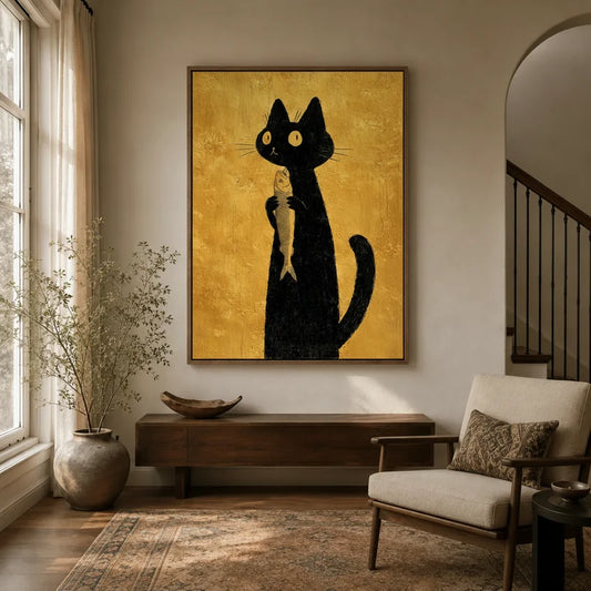 Black cat canvas wall art in framed style displayed in a warm neutral entryway above a wooden console