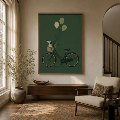 Framed canvas wall art of a dog in a bicycle basket holding three balloons, displayed in a bright entryway