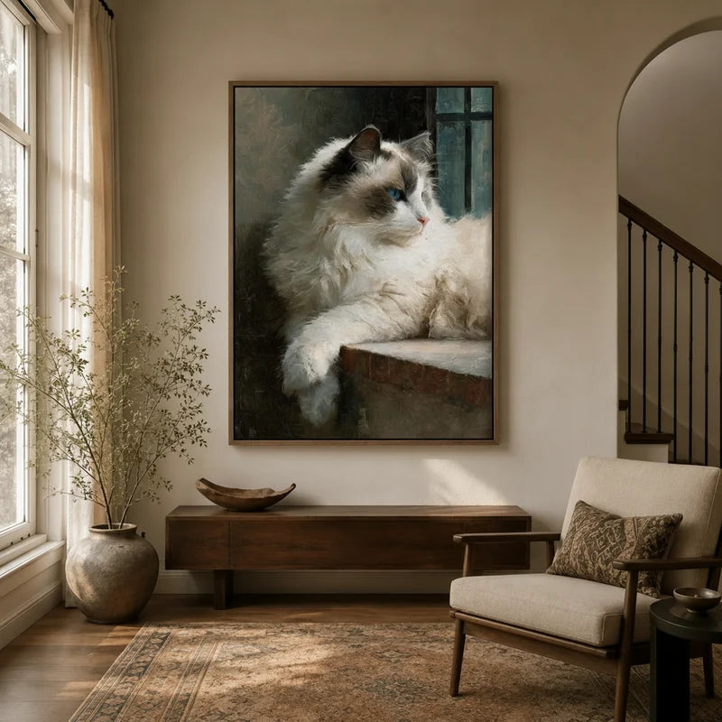 Ragdoll cat portrait wall art in walnut floater frame in warm neutral entryway beside arched staircase and olive tree