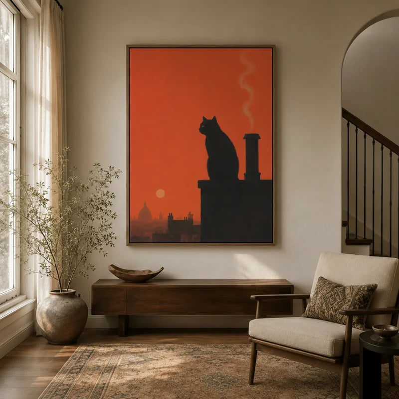 Black cat rooftop silhouette canvas art displayed in a warm-toned entryway with arched doorway and neutral decor