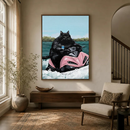Fat black cat riding pink jet ski canvas art displayed in a warm neutral entryway with console table and armchair