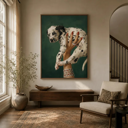 Dalmatian puppy held by jeweled hands canvas art displayed in a warm neutral entryway with arched doorway