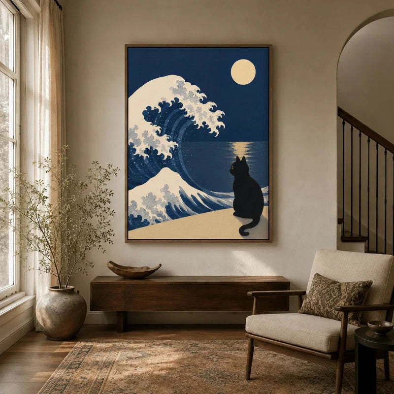Black cat silhouette watching great wave under full moon, Japanese-style canvas wall art in living room entryway