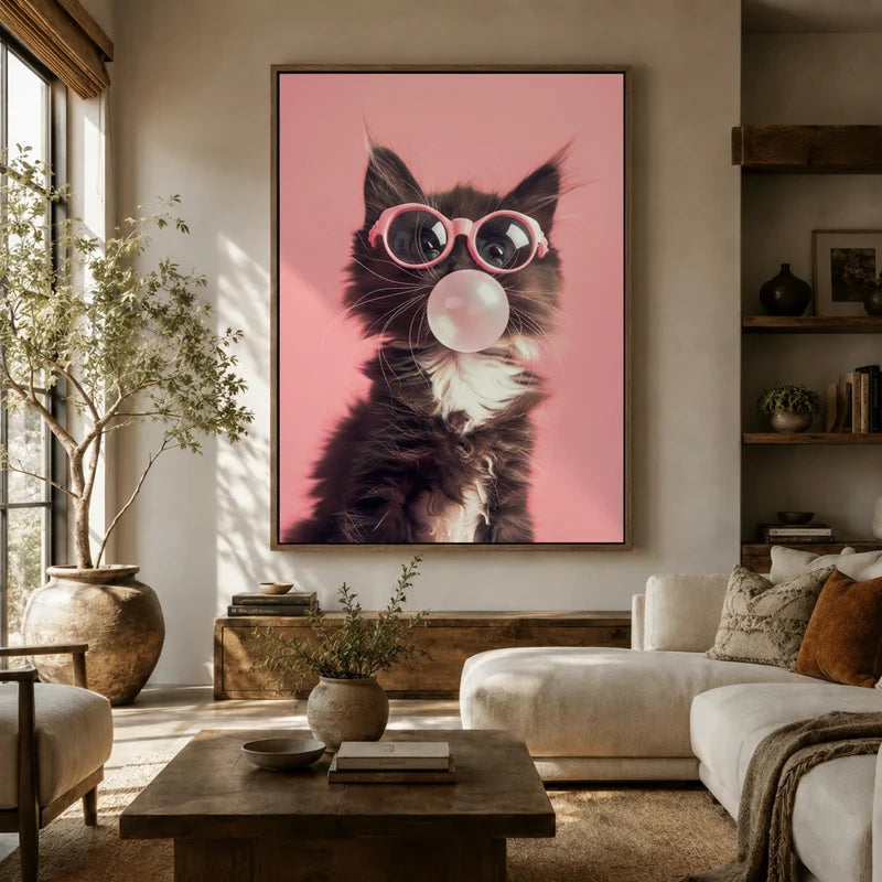 Large pop art black kitten canvas wall art above sofa in bright boho living room with olive tree and shelving