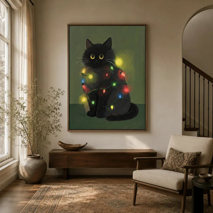Black cat tangled in colorful fairy lights canvas wall art displayed in warm neutral entryway