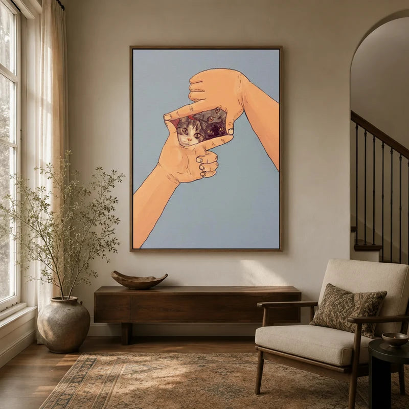 Funny cat pop art canvas in dark walnut floater frame displayed in warm neutral entryway with wood console